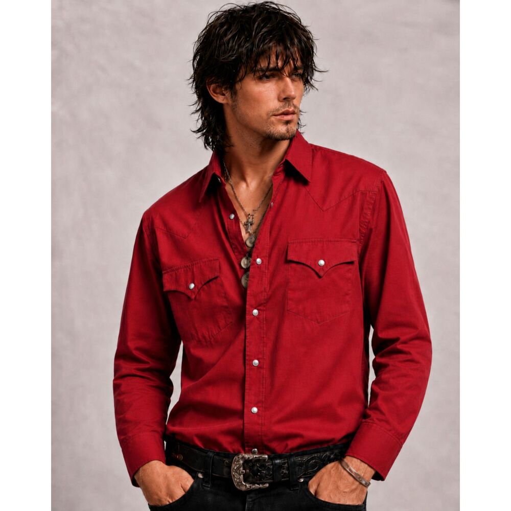 Plains Western Wear Men Large Maroon Red Long Sleeve Pearl Snap Front Cowboy - Picture 1 of 10